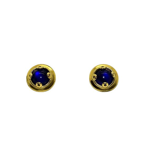 A8 Auth GIVENCHY Vintage Signed Goldtone With Blue Stone Round Clip On Earrings - Picture 2 of 4